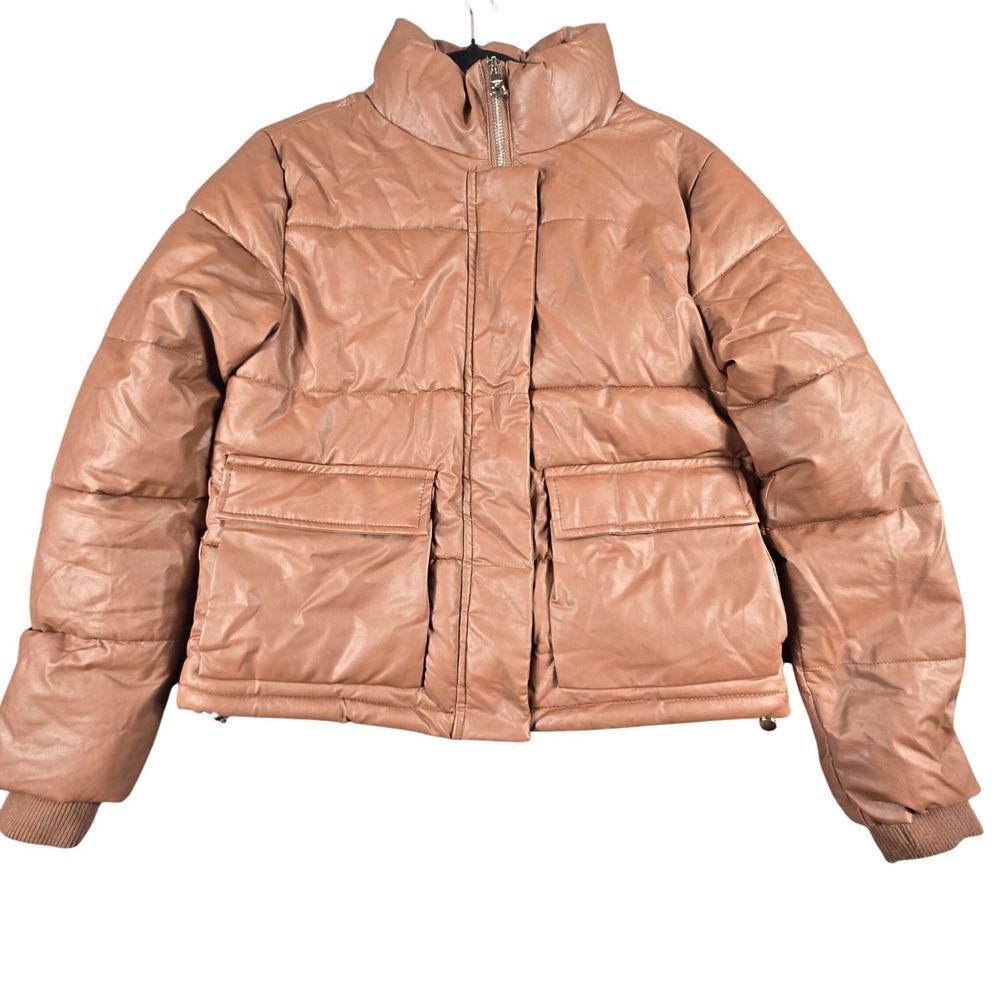 Madden Girl Faux Leather Puffer Jacket Womens XS Brown Quilted Cropped Coat